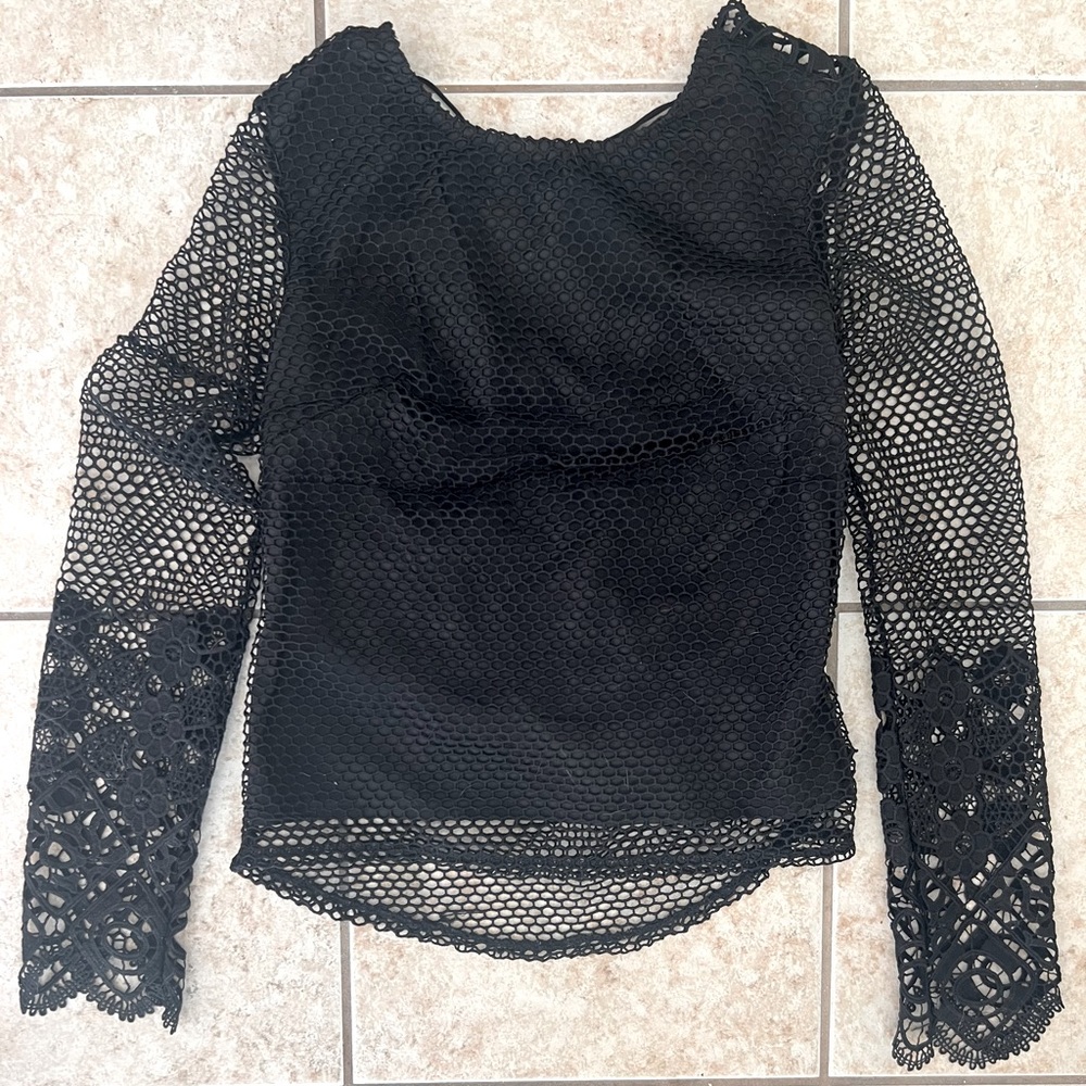 Blossom Crochet Lace Up Embroidered Black elegant Sexy Blouse sz US 4